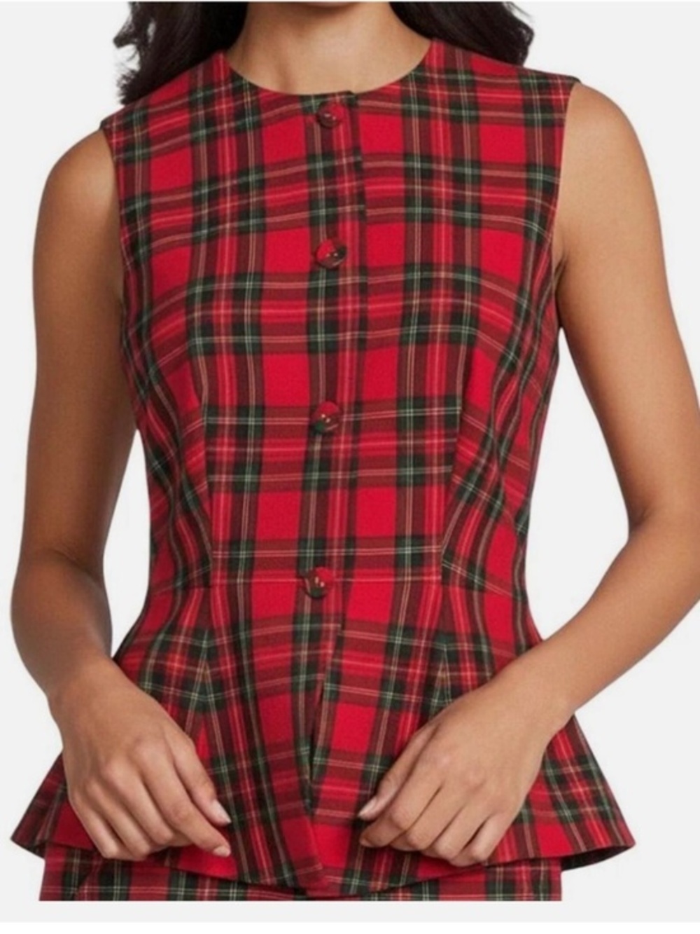 Alex Marie Red Plaid Tartan Peplum Sleeveless Top